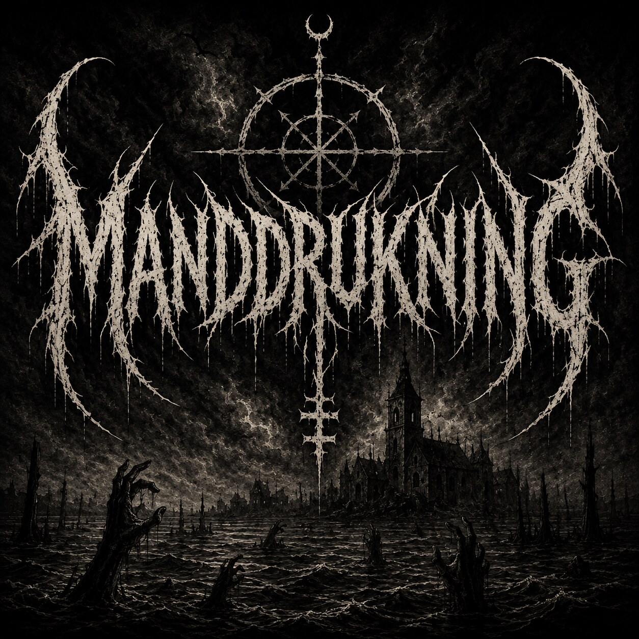 Manddrukning — cover art: a drowned church and hands rising from the North Sea